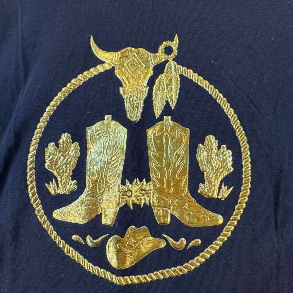 Vintage 90s Western Cowboy T Shirt Black Gold Graphic One Size Cotton Tee